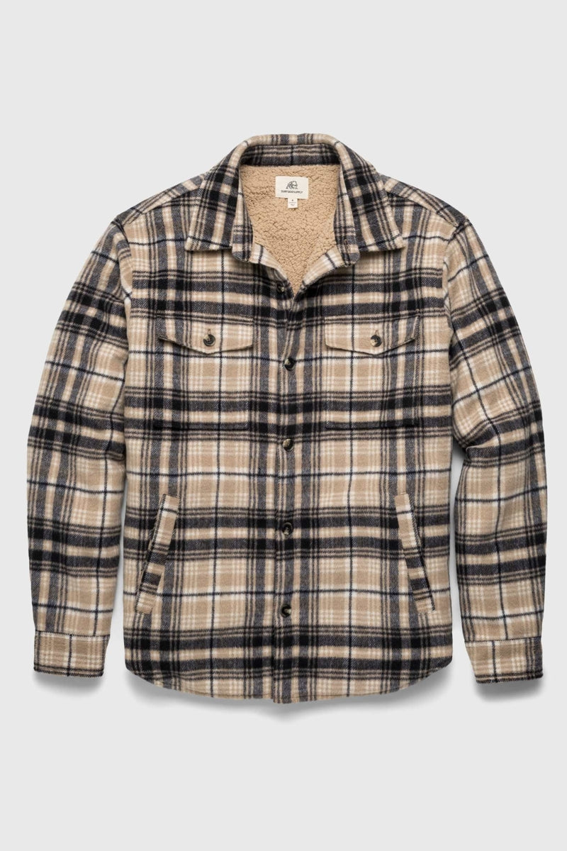 Wholesale,Surfside Supply, Surfside Supply Tan/Black Brushed Plaid Sherpa Lined Shacket, Tan, Medium-46-TagMSmall-44-TagSLarge-48-TagLExtra Large-50-TagXL
