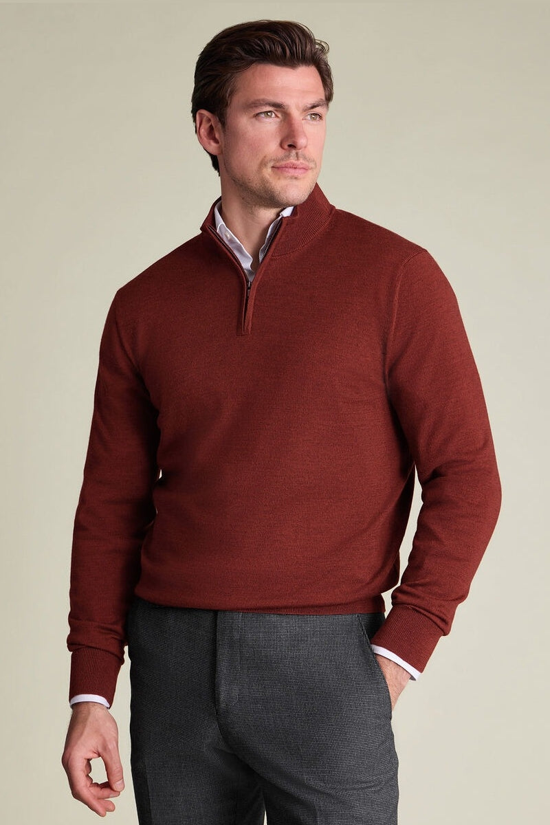 Wholesale,Charles Tyrwhitt, Charles Tyrwhitt Dark Burnt Orange Pure Merino Wool Qtr Zip, Orange, Small-39-TagS