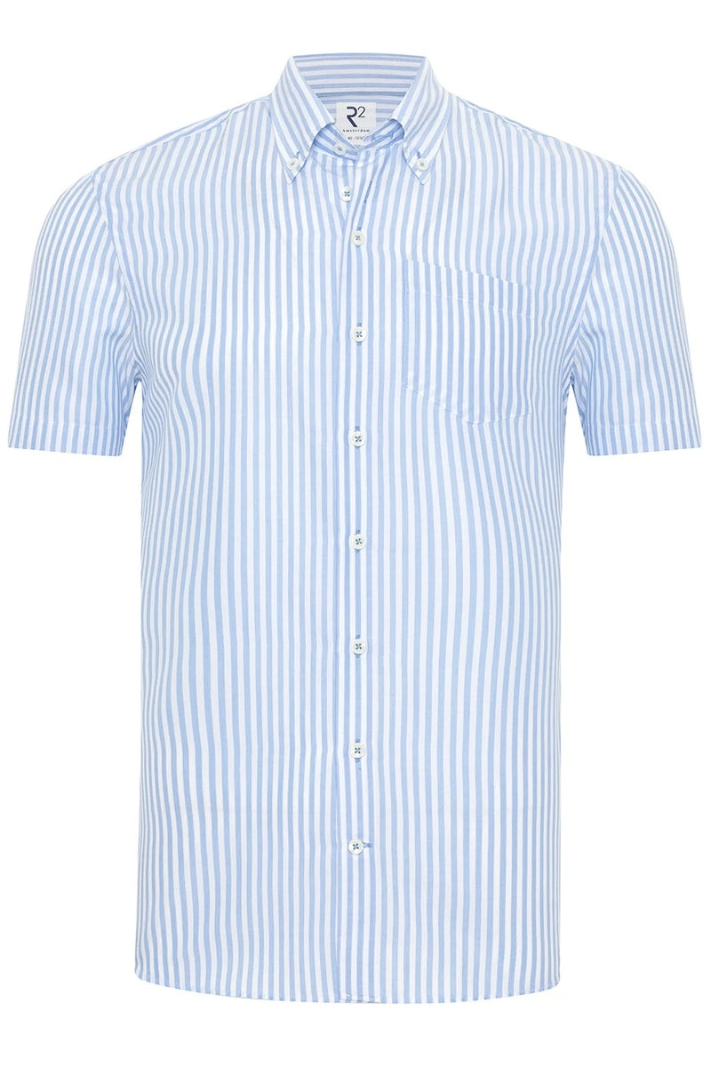 Direct From Brand,R2 Amsterdam, R2 Amsterdam Light Blue/White Striped Tencel Blend Shirt, Blue, Medium-44-Tag41Large-46-Tag42