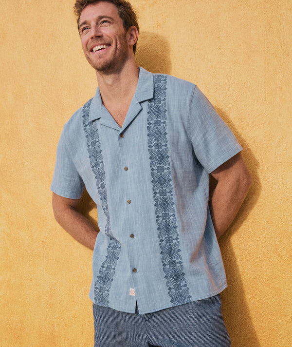 Marine Layer Mid Blue Stretch Selvage Embroidered Resort Shirt