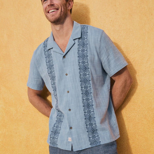 Marine Layer Mid Blue Stretch Selvage Embroidered Resort Shirt