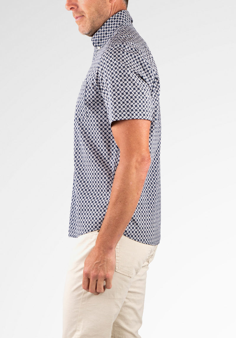 Brand Partner,Tailor Vintage, Tailor Vintage Navy Geo Print Airotec Stretch Poplin Short Sleeve Shirt, Blue, Medium-44-TagMLarge-47-TagLExtra Large-51-TagXLExtra Extra Large-55-TagXXLSmall-41-TagS