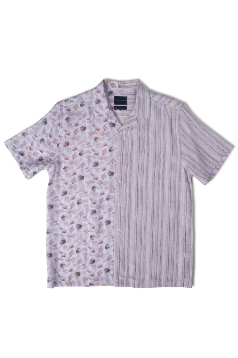 Brand Partner,Stitch Note, Stitch Note Violet Half Watercolor Print Half Vertical Stripe European Linen Split Body Shirt, Purple, Small-40-TagSMedium-42-TagMMedium-44-TagLLarge-46-TagXLExtra Large-48-TagXXL