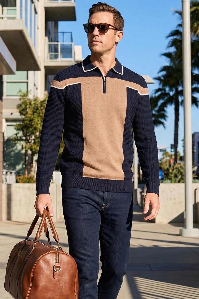 Wholesale,Luchiano Visconti, Luchiano Visconti Navy with Tan Colorblock Waffle Zip Polo, Blue, Small-38-TagSMedium-40-TagMLarge-42-TagLExtra Large-44-TagXLExtra Extra Large-45-TagXXL