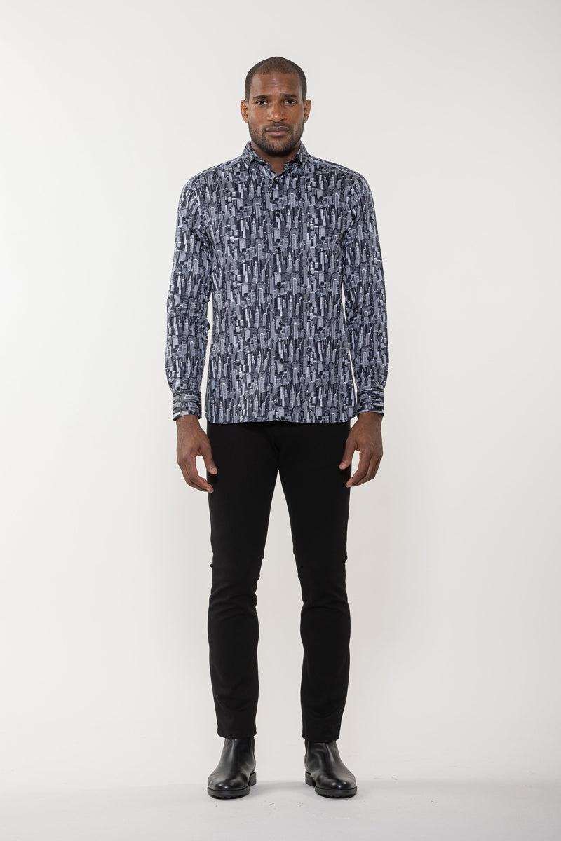 Wholesale,Luchiano Visconti, Luchiano Visconti Black City Scape Printed Shirt, Black, Small-42-TagSLarge-48-TagLExtra Large-50-TagXL