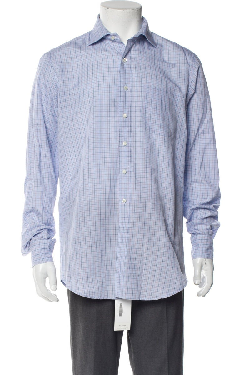RealReal,Sid Mashburn, Sid Mashburn Blue/Orange Plaid Print Long Sleeve Dress Shirt, Blue, Medium-45-TagM
