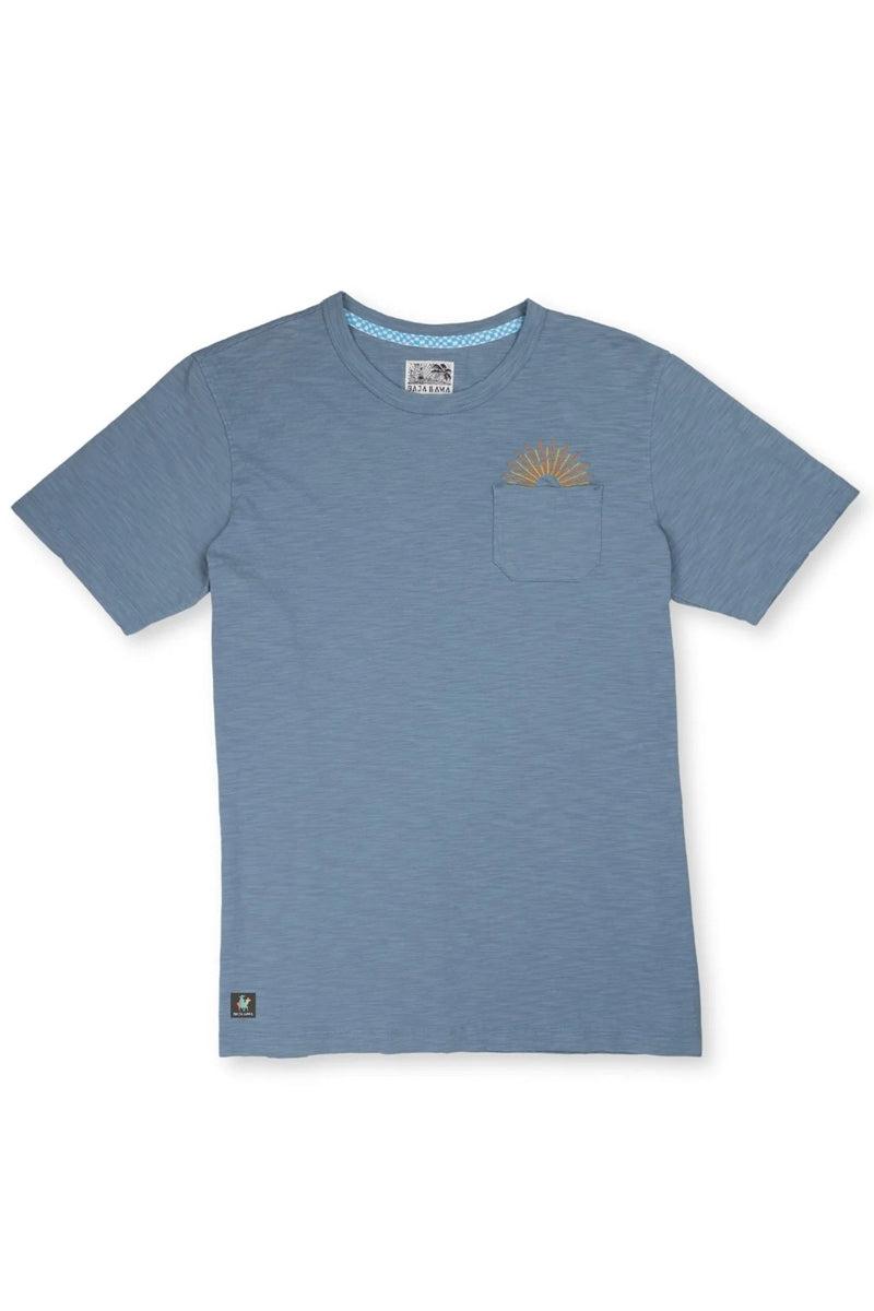 Wholesale,Baja Llama, Baja Llama Dusty Blue Sun Embroidered Slub Pima Tee, Blue, Medium-42-TagMLarge-45-TagLExtra Large-48-TagXLSmall-39-TagS