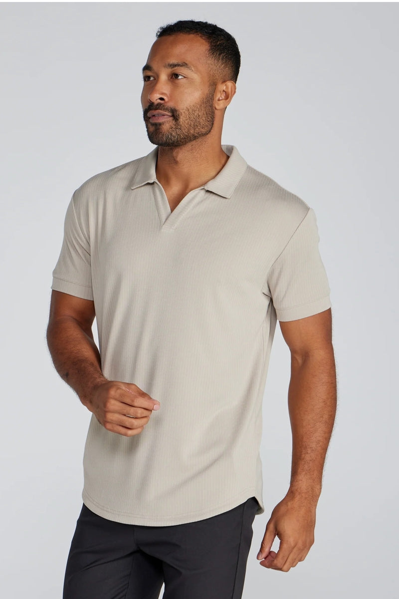 Wholesale,BYLT, BYLT Latte Ribbed Drop-cut Open V Polo, Tan, Small-40-TagSMedium-42-TagMLarge-45-TagLExtra Large-48-TagXLExtra Extra Large-51-TagXXL