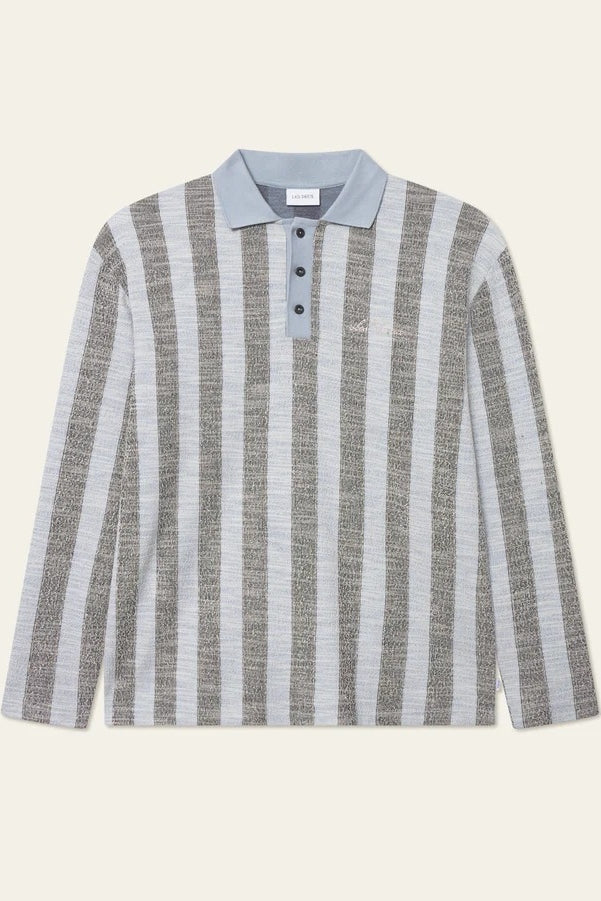 Wholesale,Les Deux, Les Deux Blue with Black Striped Jacquard Jersey Textured Knit Polo, Blue, Medium-48-TagM