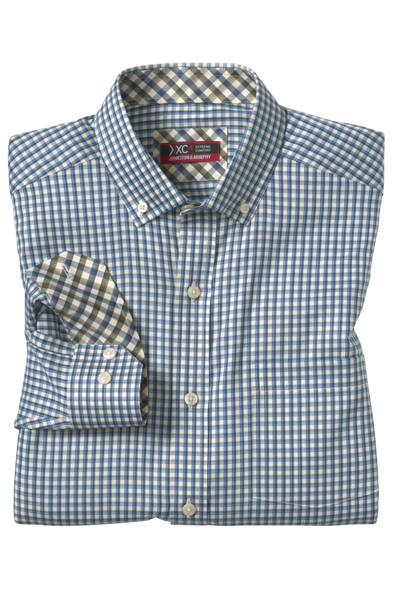 Wholesale,Johnston & Murphy, Johnston & Murphy Navy Outlined Grid Four-way Stretch Shirt, Blue, Small-41-TagS