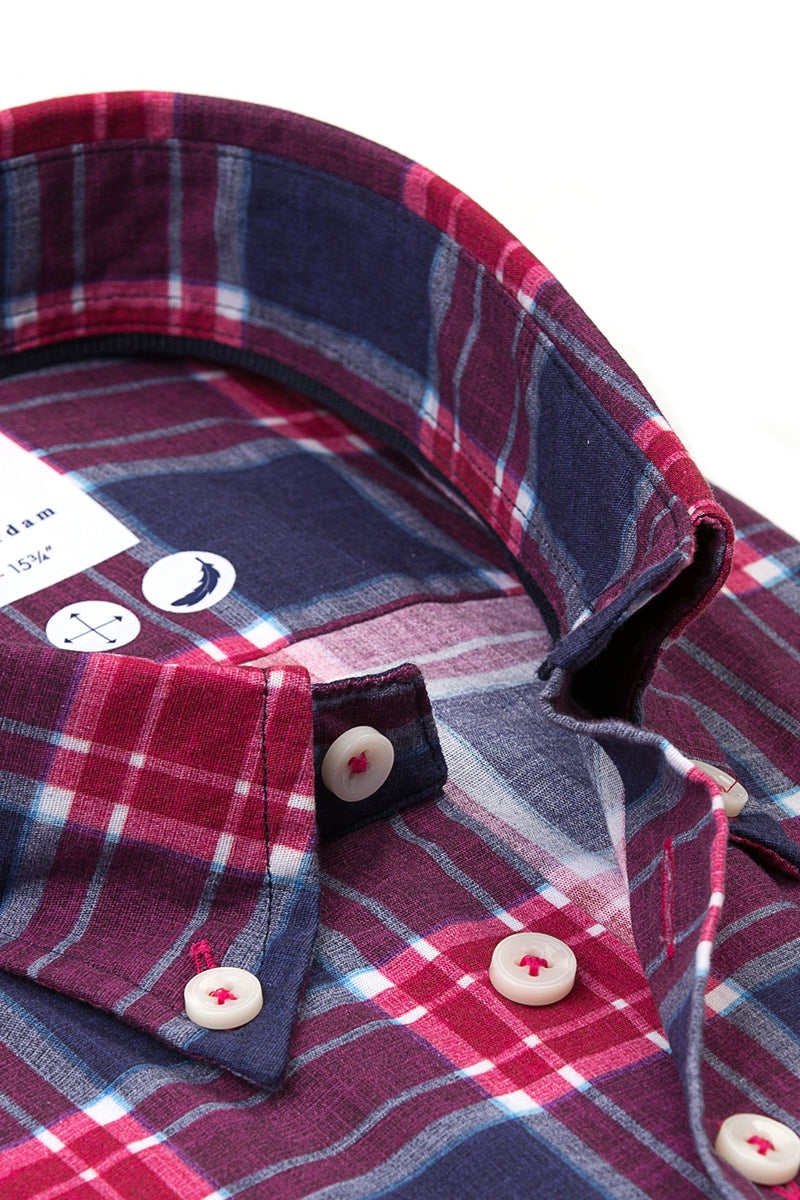 Direct From Brand,R2 Amsterdam, R2 Amsterdam Fuchsia/Purple Plaid Stretch Short Sleeve Button Up Shirt, Pink, Large-44-Tag41