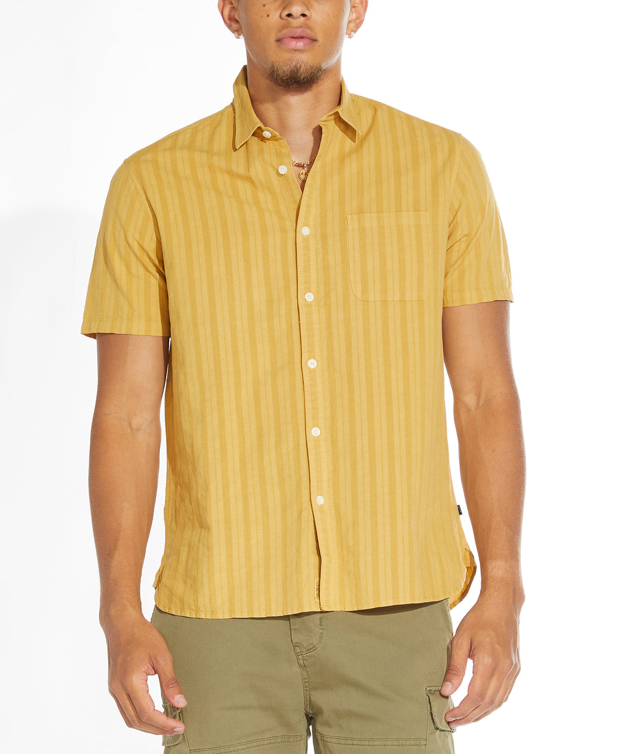 Wholesale,Civil Society, Civil Society Mustard Jacquard Stripes Cotton/Linen Blend Short Sleeve Shirt, Yellow, Small-42-TagSMedium-44-TagMLarge-46-TagLExtra Large-48-TagXLExtra Extra Large-52-TagXXL