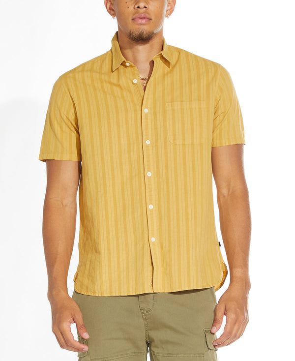 Civil Society Mustard Jacquard Stripes Cotton/Linen Blend Short Sleeve Shirt