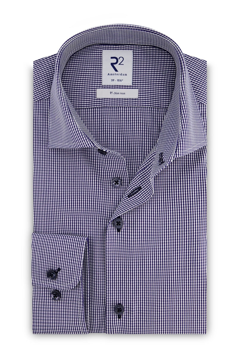 Direct From Brand,R2 Amsterdam, R2 Amsterdam Navy Check Non-iron Cotton Shirt, Blue, Medium-42-Tag39Medium-44-Tag40Extra Large-48-Tag43