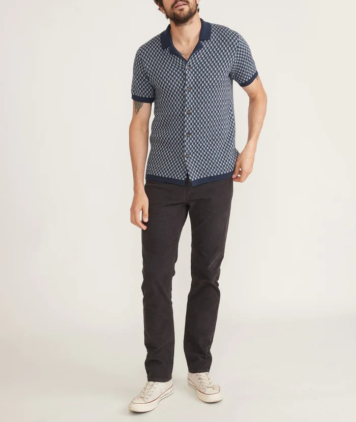 Wholesale,Marine Layer, Marine Layer Blue Geo Short Sleeve Heavy Knit Button Down, Blue, Extra Large-49-TagXL