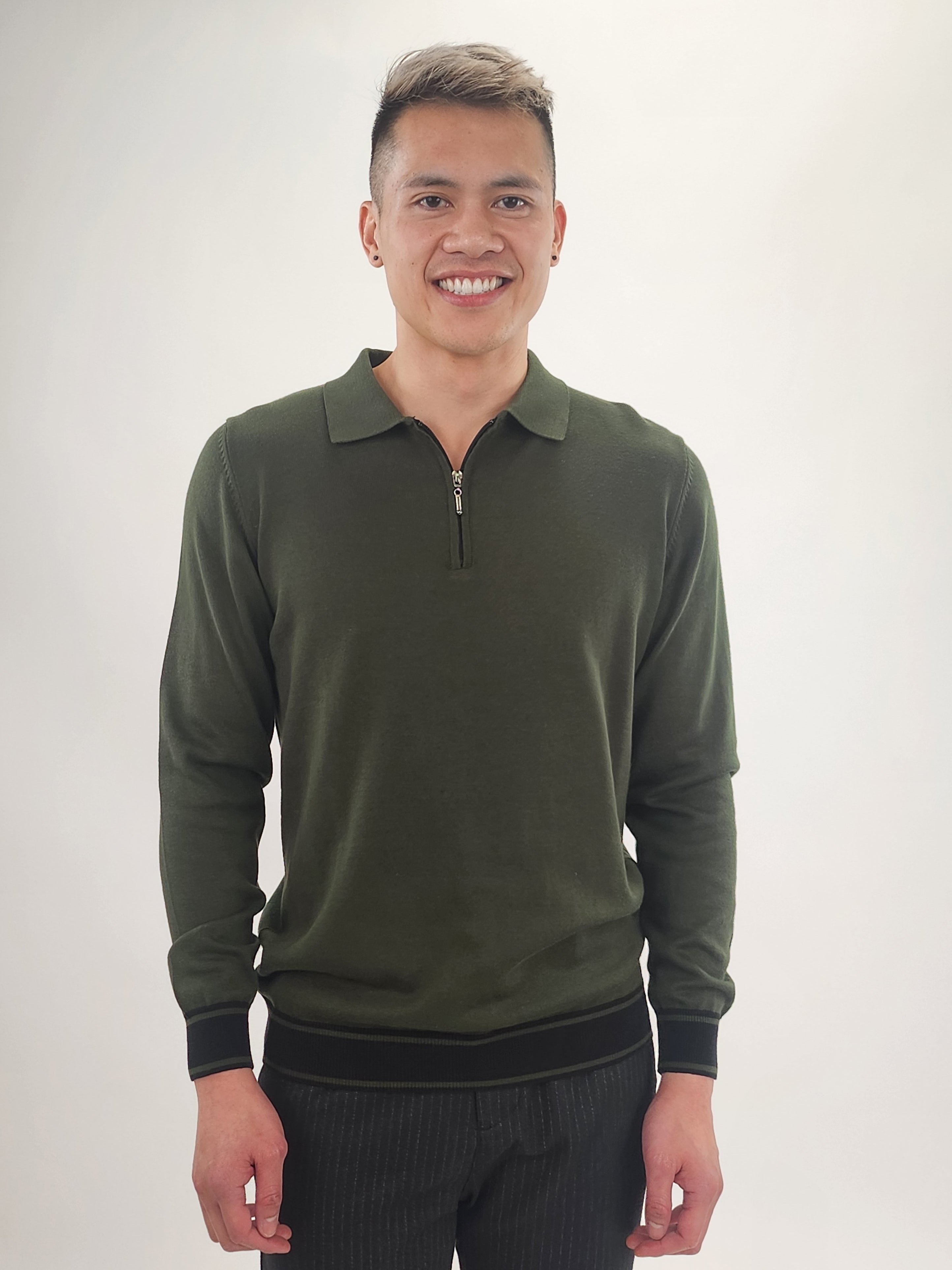 Wholesale,Jakamen, Jakamen Olive Striped Rib Quarter Zip Polo, Green, Large-44-TagL