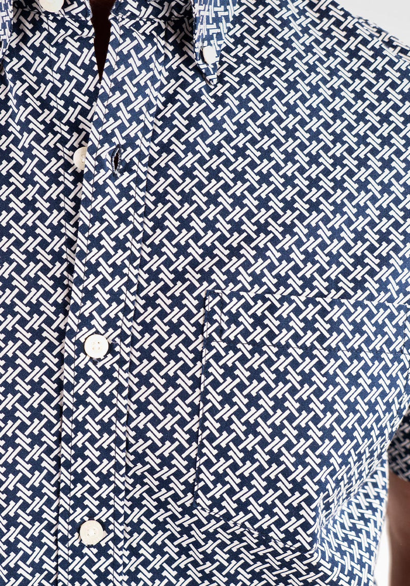 Brand Partner,Tailor Vintage, Tailor Vintage Navy Geo Print Airotec Stretch Poplin Short Sleeve Shirt, Blue, Medium-44-TagMLarge-47-TagLExtra Large-51-TagXLExtra Extra Large-55-TagXXLSmall-41-TagS