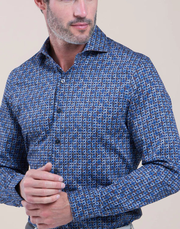 R2 Amsterdam Blue Geo Cup Print Cotton Long Sleeve Button Up Shirt