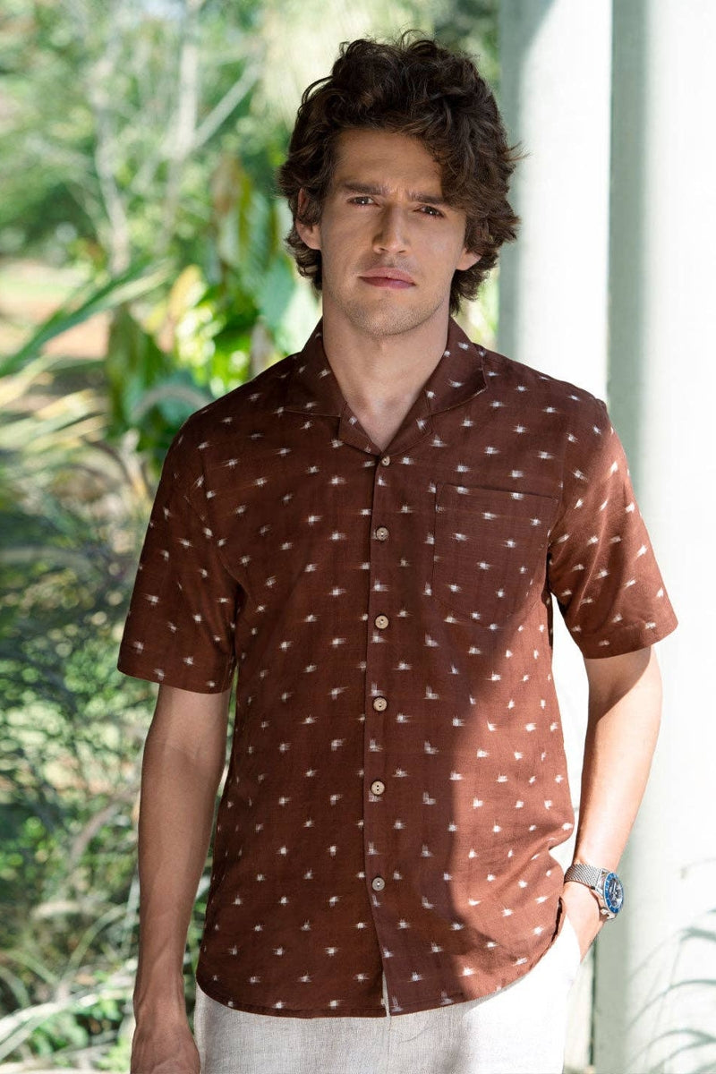 Faire,Pali, Pali Brown Wood Chips Cuban Collar Handwoven Ikat Shirt, Brown, Large-44-TagL