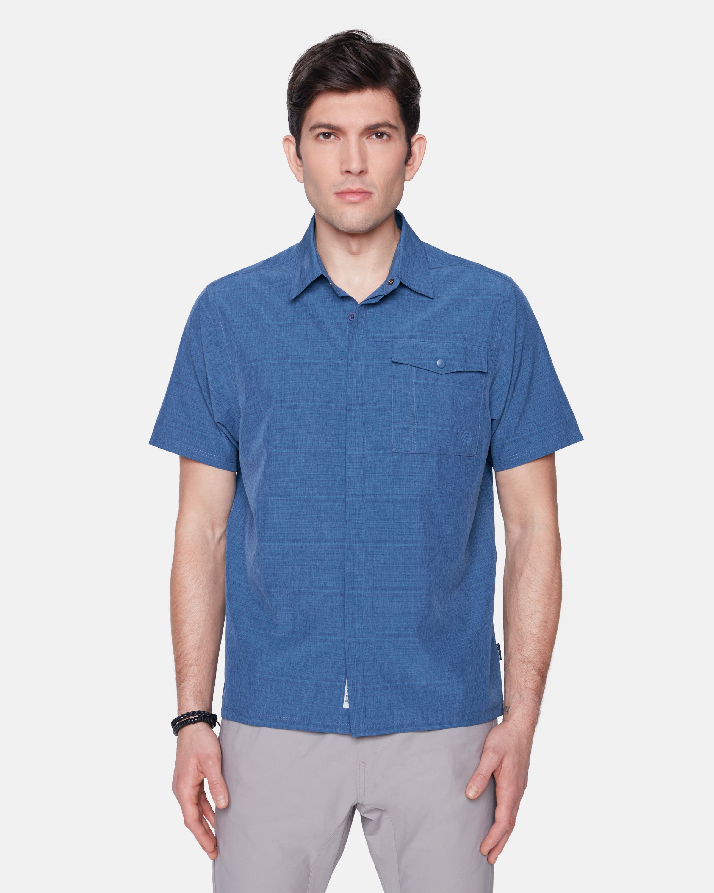 Wholesale,Projek Raw, Projek Raw Blue Stripe 4 Way Stretch Short Sleeve Button Up Shirt, Blue, Large-46-TagLMedium-43-TagMSmall-41-TagS