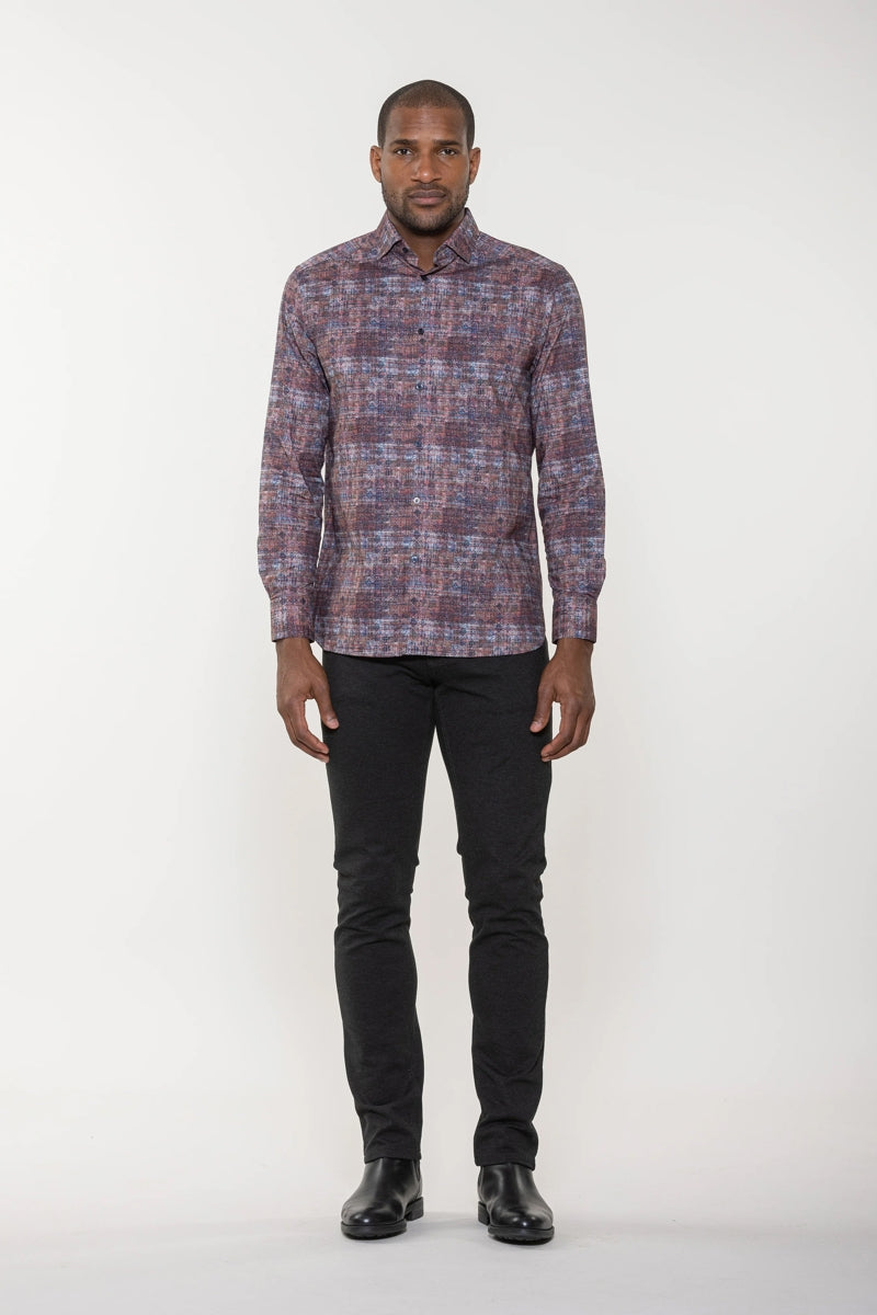 Wholesale,Luca Valentini, Luchiano Visconti Multicolor with Abstract Digital Design Long Sleeve Button Up, Brown, Small-42-TagS