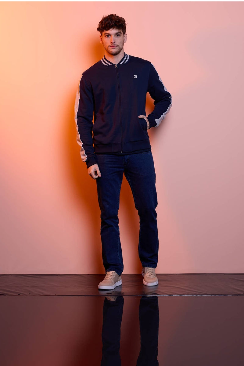 Faire,SMF, SMF Navy with Grey Contrast Varsity Jacket, Blue, Small-40-TagSMedium-42-TagMLarge-44-TagLExtra Large-46-TagXLExtra Extra Large-48-TagXXL