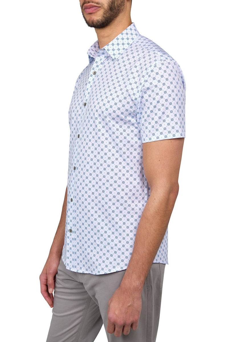 Faire,W.R.K, W.R.K White/Navy Geo Motif Print 4-way Stretch Recycled Shirt, White, Small-39-TagSMedium-42-TagMLarge-44-TagLExtra Large-46-TagXLExtra Extra Large-48-TagXXL