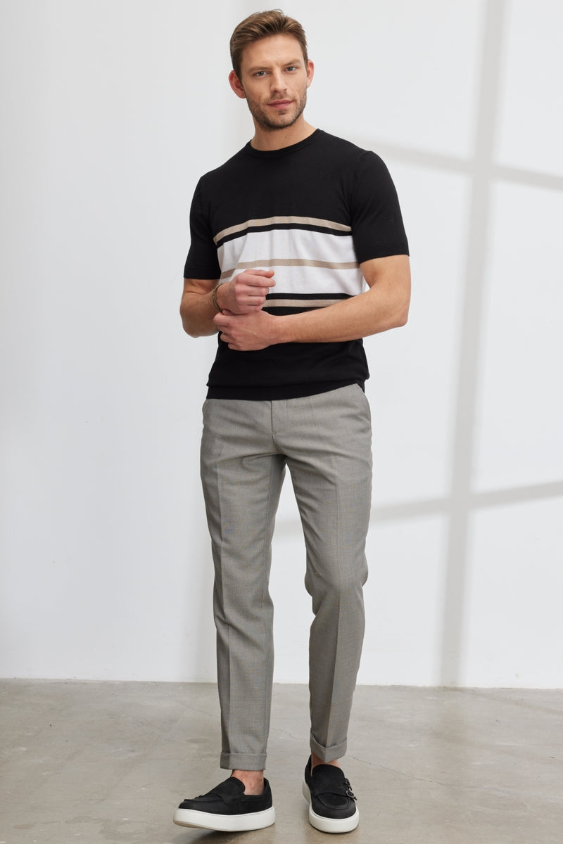 Wholesale,Altinyildiz Classics, Altinyildiz Classics Black with White/Tan Striped Knit T-Shirt, Black, Small-39-TagSMedium-41-TagM