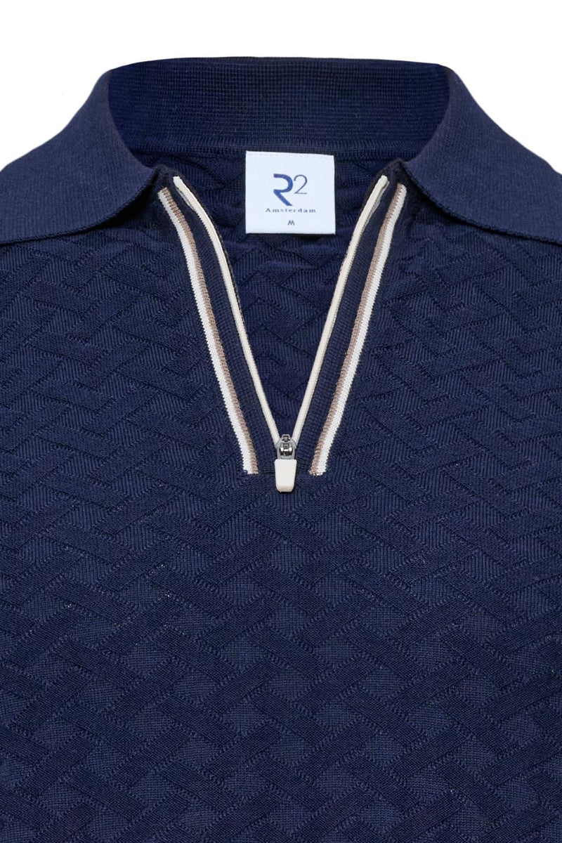 Direct From Brand,R2 Amsterdam, R2 Amsterdam Navy Zipper Closure Textured Polo, Blue, Extra Large-45-TagXL