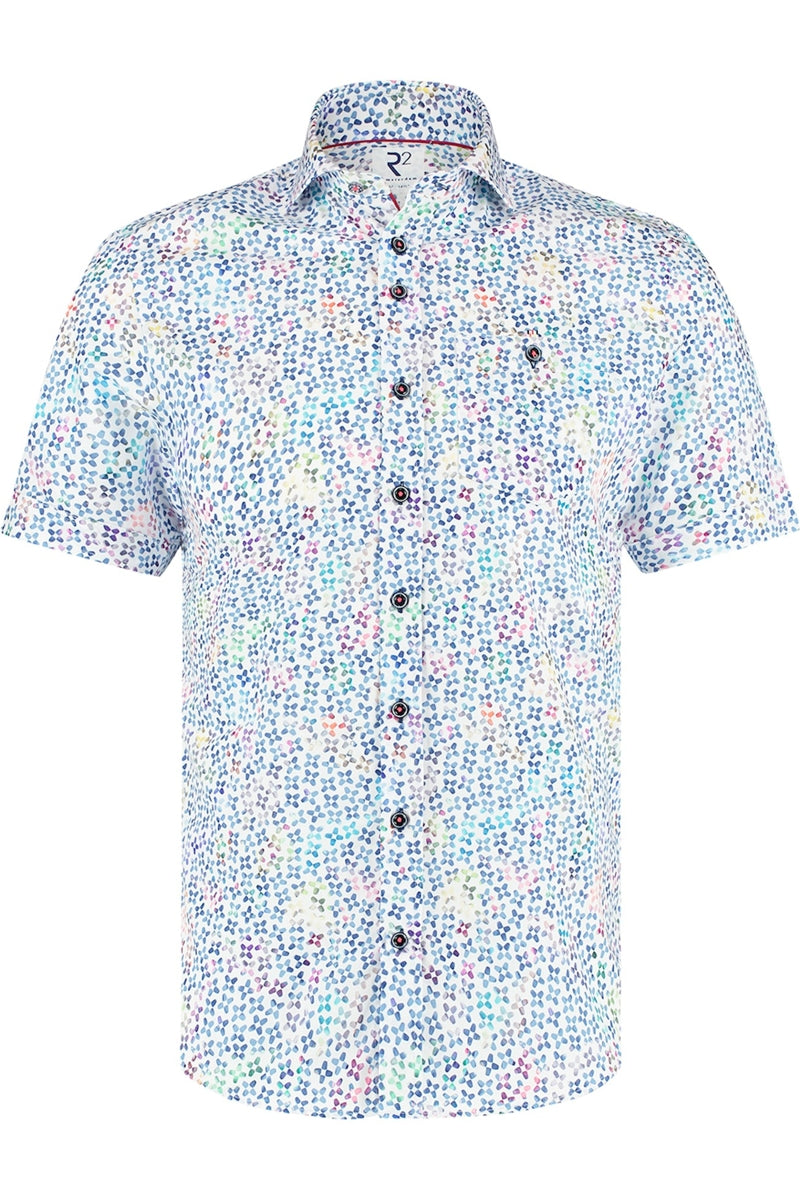 Direct From Brand,R2 Amsterdam, R2 Amsterdam Multicolor Cup Print Short Sleeve Button Up Shirt, White, Small-40-Tag38