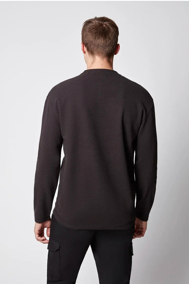 Wholesale,Projek Raw, Projek Raw Black Grid-patterned Jersey Henley, Black, Small-43-TagSMedium-45-TagMLarge-47-TagLExtra Large-50-TagXLExtra Extra Large-52-TagXXLMedium-44-TagMSmall-42-TagS
