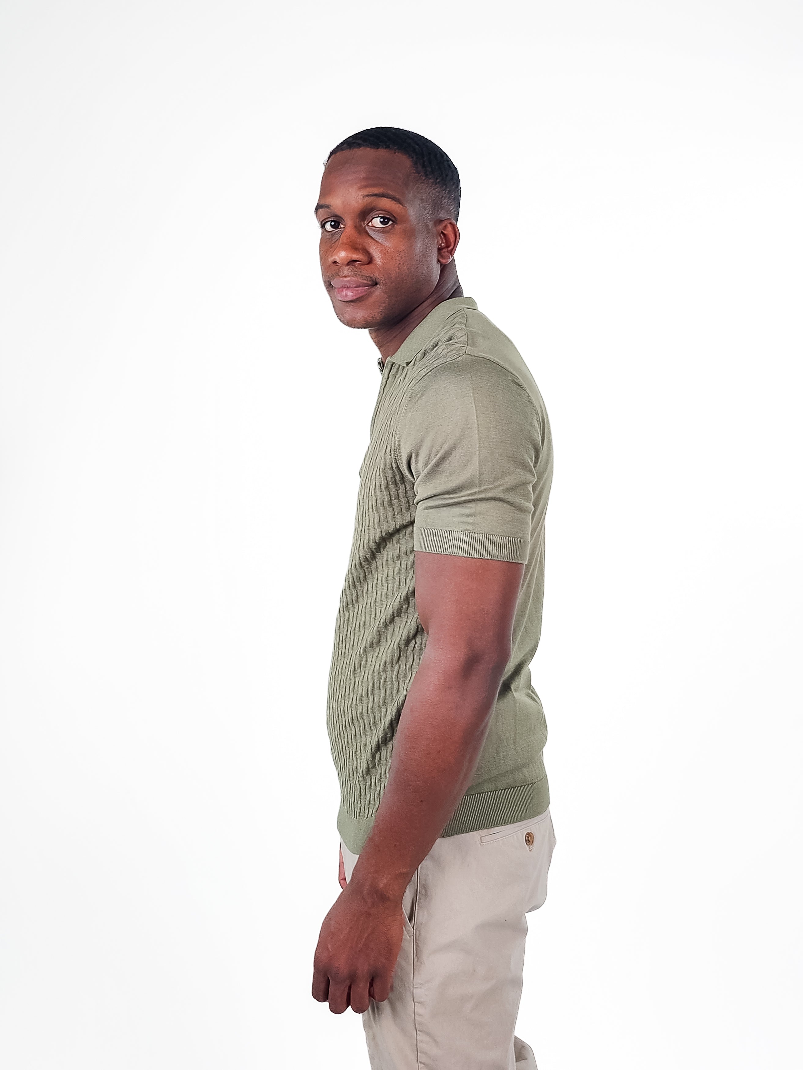 Wholesale,Suit Sartoria, Suit Sartoria Olive Green Geometric Textured Pattern Quarter Zip Knit Short Sleeve Polo, Green, Extra Small-35-TagXL