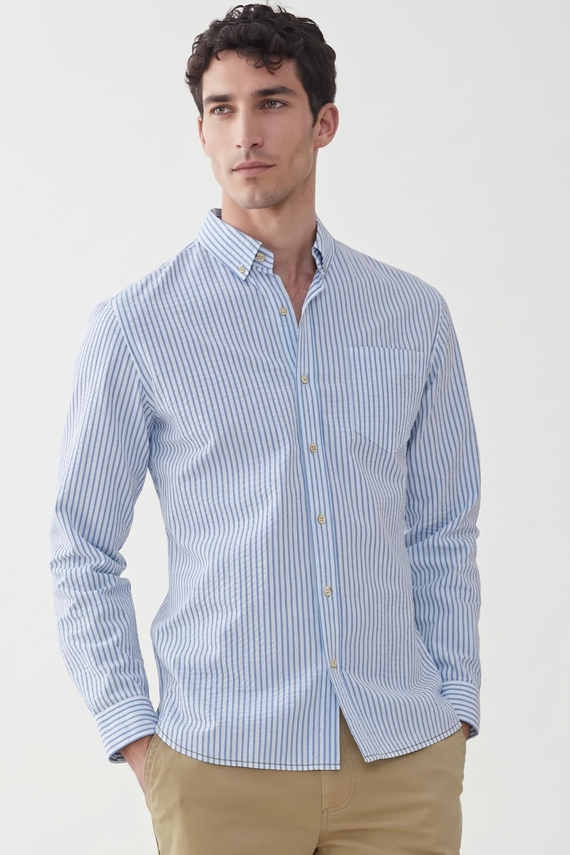 Faire,Surfside Supply, Surfside Supply Blue And White Vertical Striped Seersucker Button Up Shirt With Front Chest Pocket, White, Large-46-TagLExtra Extra Large-52-TagXXLExtra Large-48-TagXLSmall-41-TagSMedium-43-TagM
