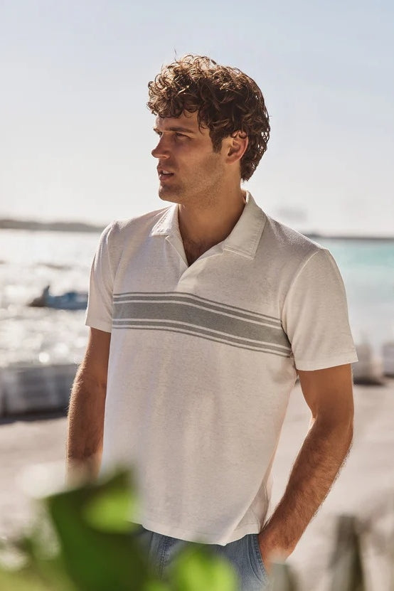 Wholesale,Marine Layer, Marine Layer White/Green Mist Stripe Hemp Blend Polo, White, Small-40-TagSMedium-43-TagMLarge-46-TagLExtra Large-48-TagXLExtra Extra Large-50-TagXXL