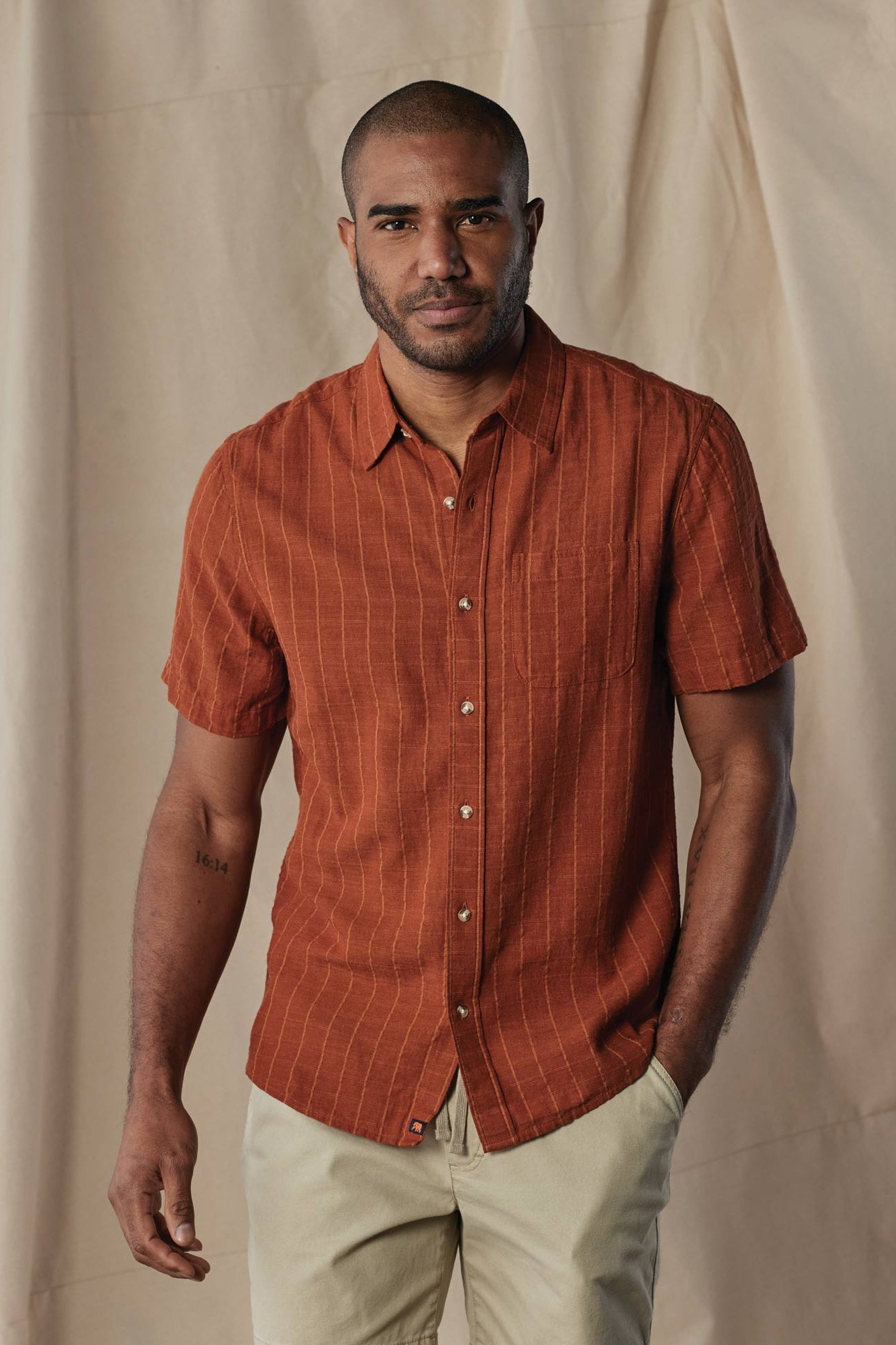 Wholesale,The Normal Brand, The Normal Brand Dark Ginger Stripe Freshwater Short Sleeve Button Up Shirt, Brown, Medium-44-TagMLarge-46-TagLExtra Large-49-TagXLExtra Extra Large-54-TagXXLSmall-41-TagS