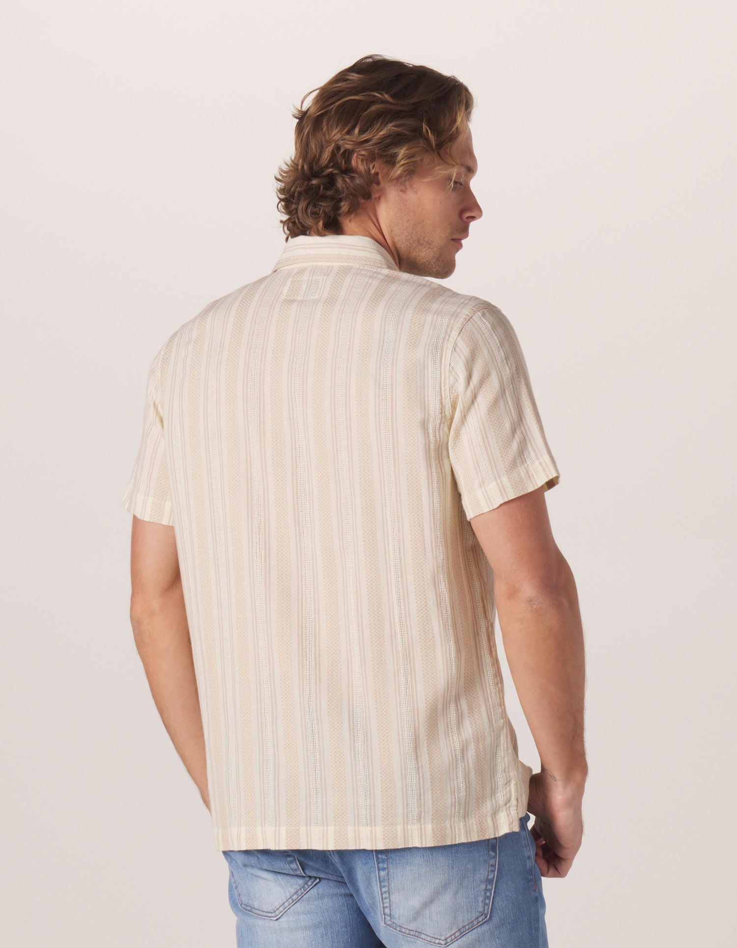 Wholesale,The Normal Brand, The Normal Brand Beige Stripe Puckered Texture Freshwater Camp Button Up Shirt, Tan, Large-47-TagLExtra Large-50-TagXLSmall-41-TagSMedium-44-TagMExtra Extra Large-55-TagXXL