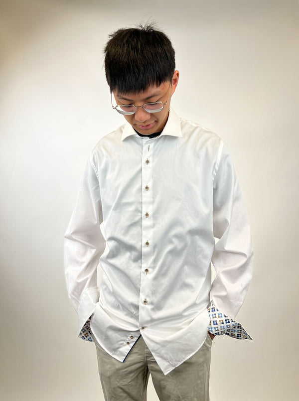R2 Amsterdam White 100% Organic Cotton Long Sleeve Shirt with Cup Print Contrast