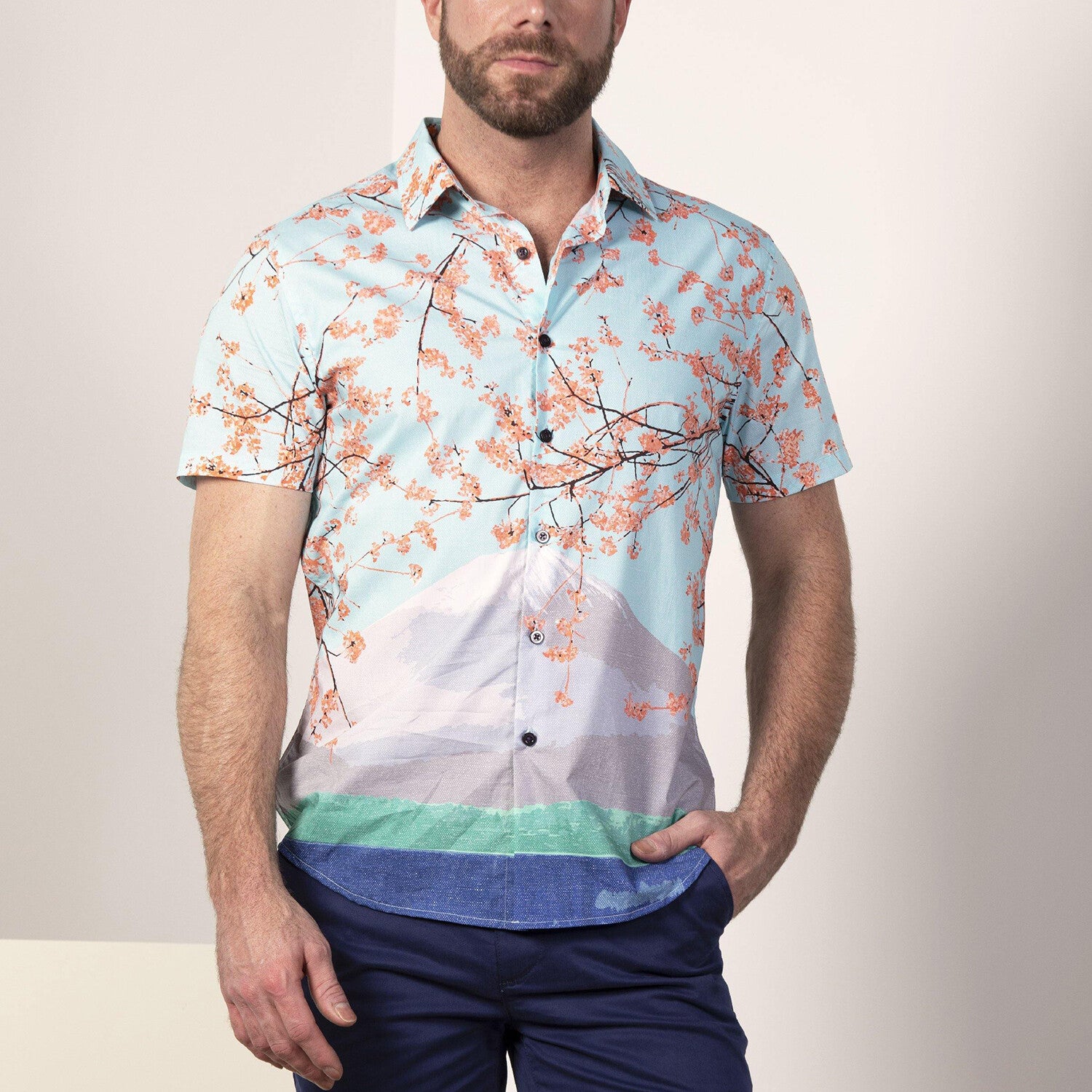 Brand Partner,Lords of Harlech, Lords of Harlech Aqua Blossom/Mountain Print Mechanical Stretch Button Up Shirt, Blue, Medium-42-TagM