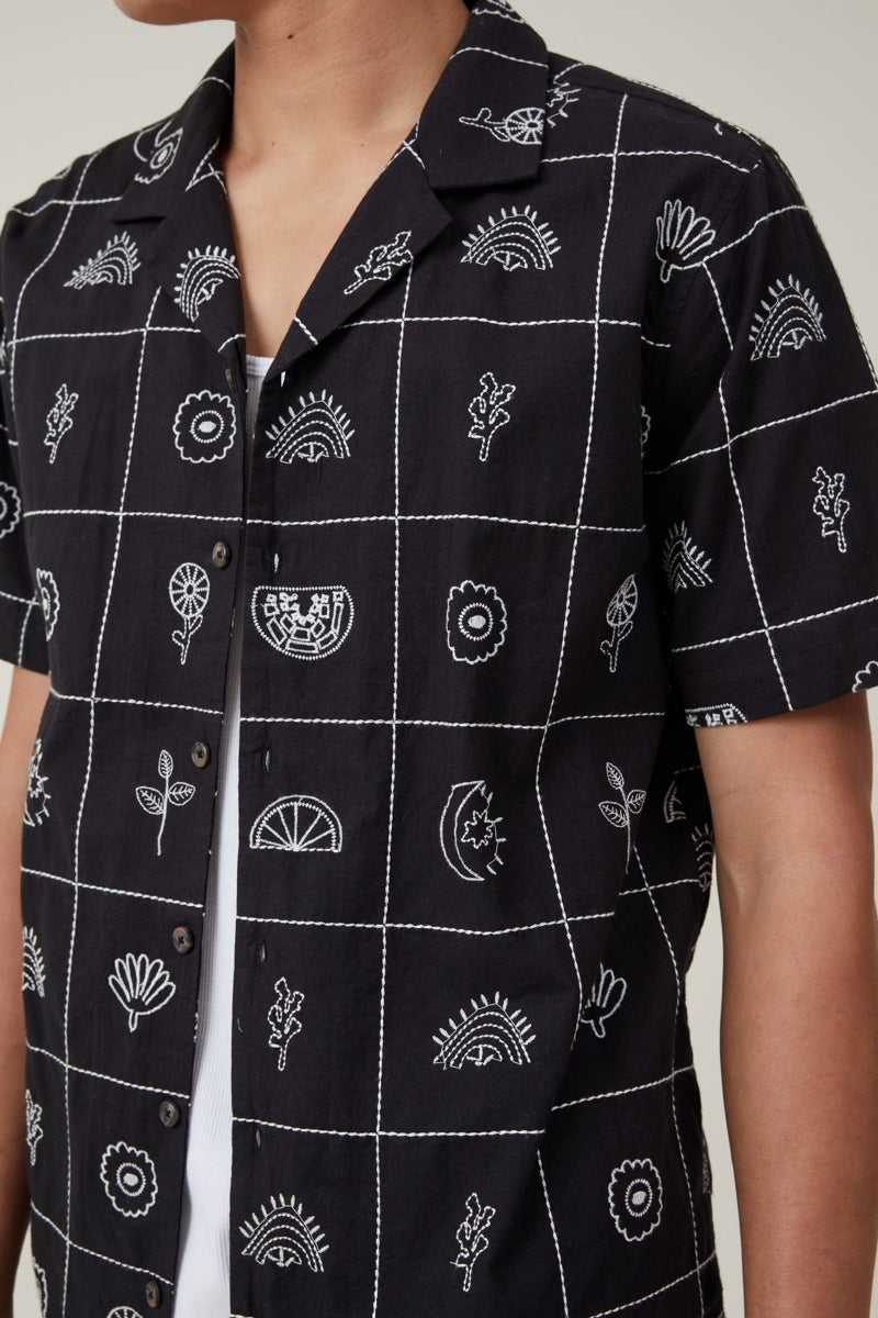 Cotton On Black Grid Embroidered Short Sleeve Shirt