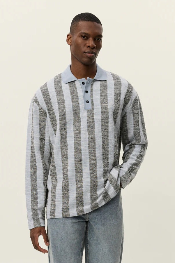 Wholesale,Les Deux, Les Deux Blue with Black Striped Jacquard Jersey Textured Knit Polo, Blue, Medium-48-TagM