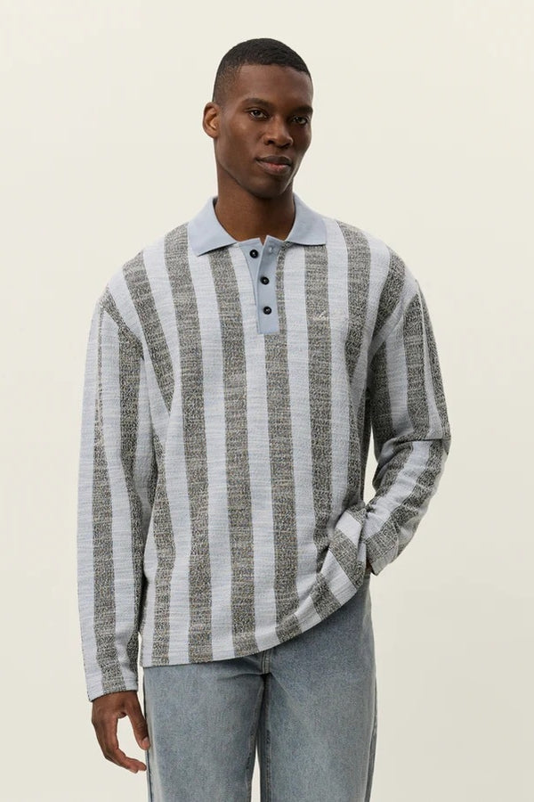 Les Deux Blue with Black Striped Jacquard Jersey Textured Knit Polo