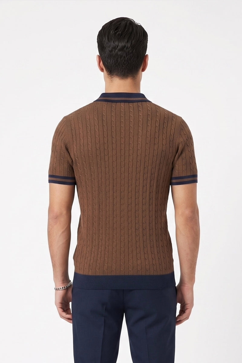 Wholesale,Mizumi, Mizumi Brown with Navy Contrast Cable Knit Polo, Brown, Small-40-TagSMedium-42-TagMLarge-44-TagLExtra Large-46-TagXLExtra Large-47-TagXXL