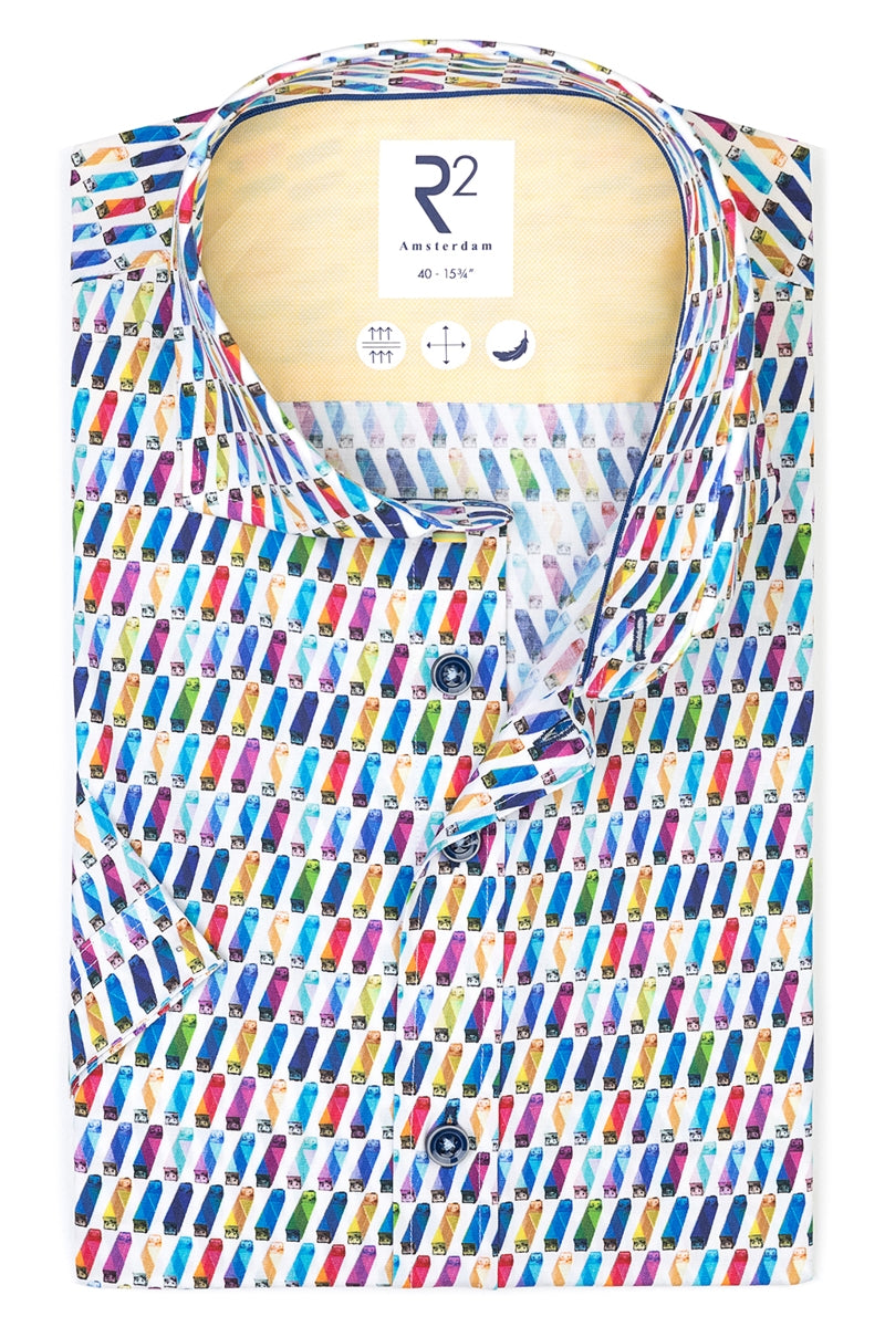 Direct From Brand,R2 Amsterdam, R2 Amsterdam Multicolor Conversational Print Short Sleeve Button Up Shirt, White, Medium-42-Tag39Medium-43-Tag40Large-45-Tag41