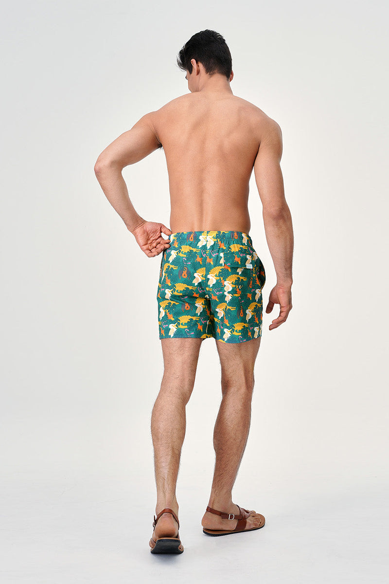 Eubi Green Yellow Duck Print Stretchy Swim 5 Shorts Taelor.Style