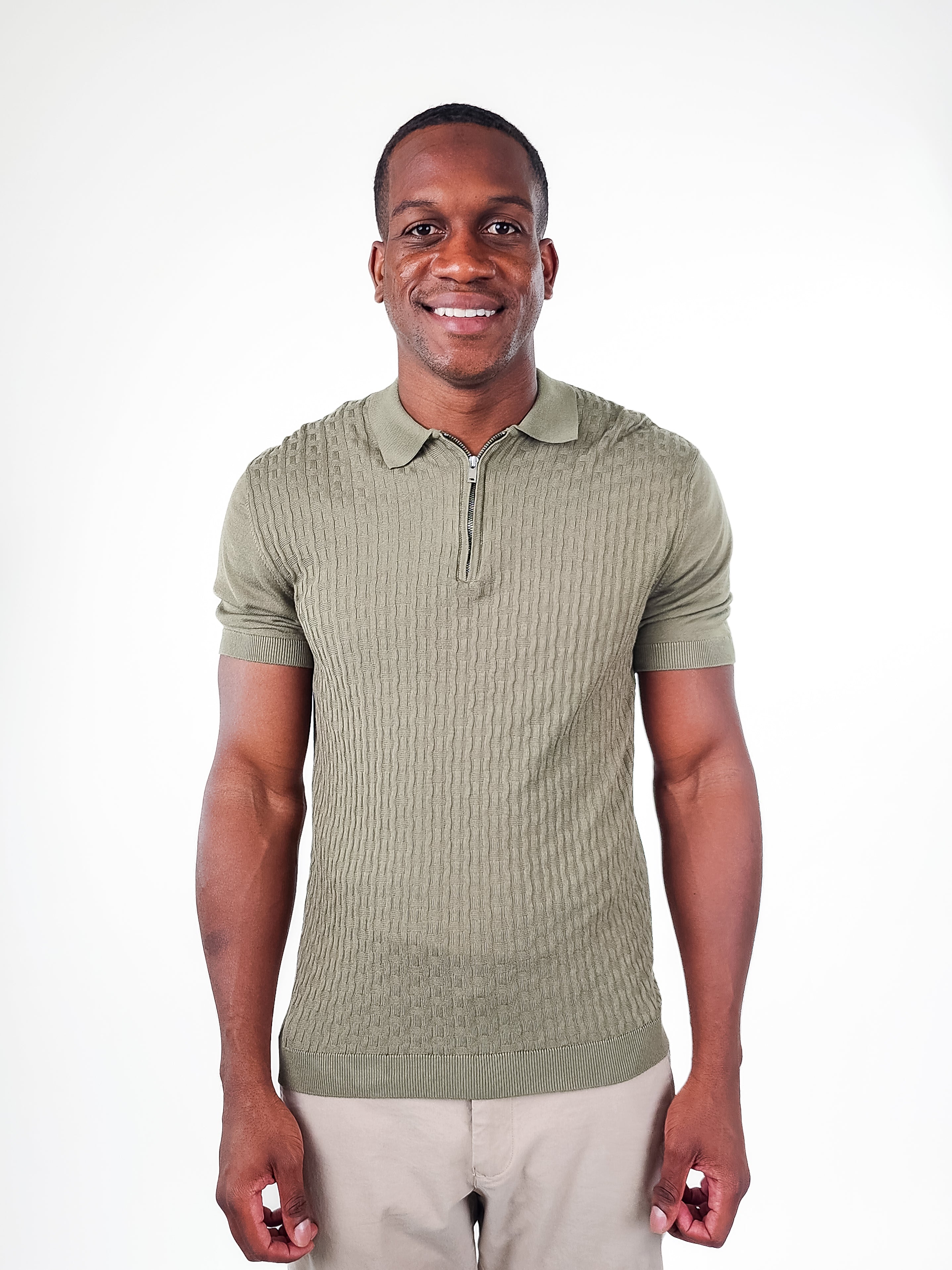 Wholesale,Suit Sartoria, Suit Sartoria Olive Green Geometric Textured Pattern Quarter Zip Knit Short Sleeve Polo, Green, Extra Small-35-TagXL