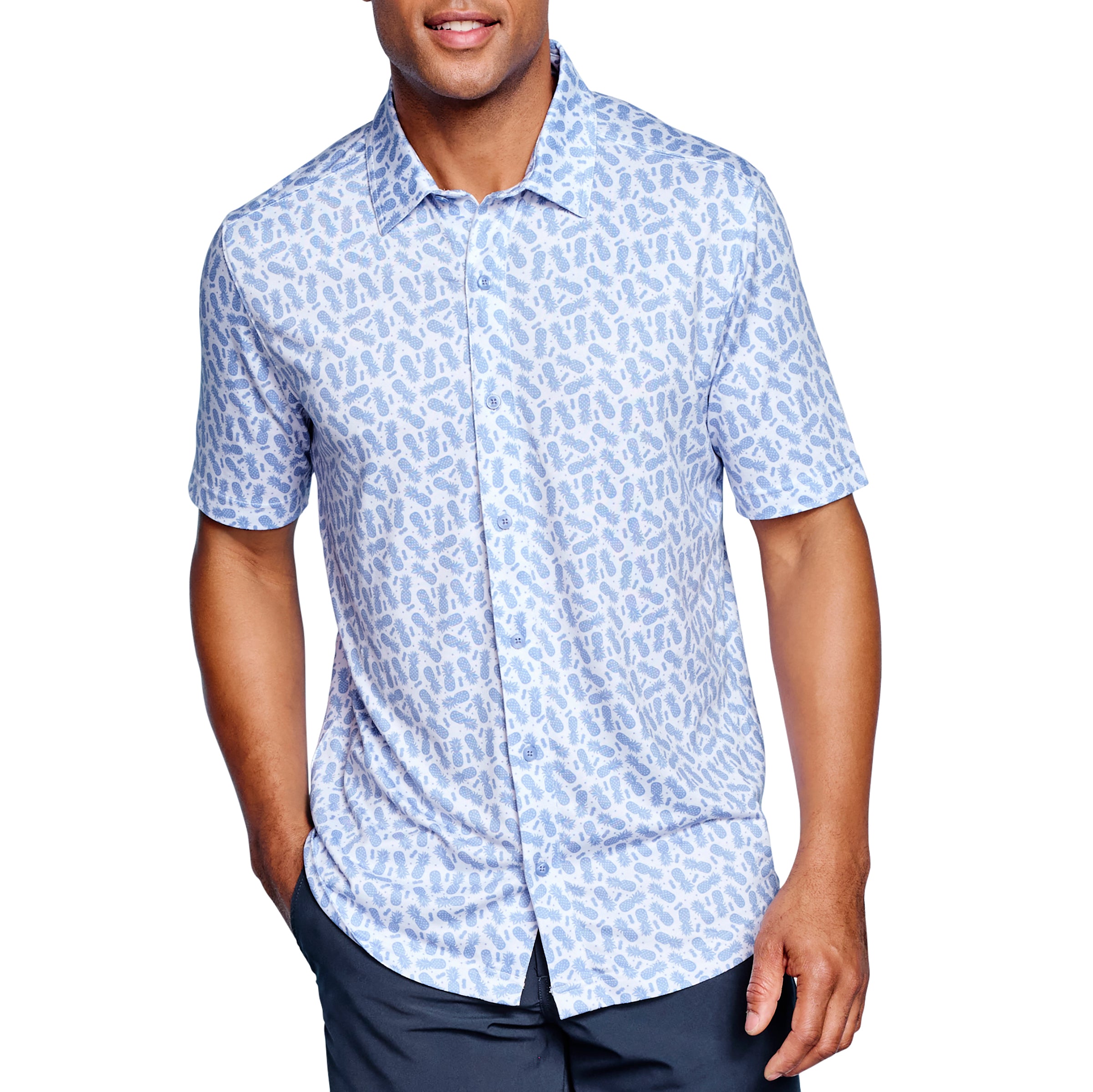 Wholesale,Johnston & Murphy, Johnston & Murphy White & Light Blue Pineapple Print XC4 Short Sleeve Button Up Shirt, Blue, Medium-43-TagM
