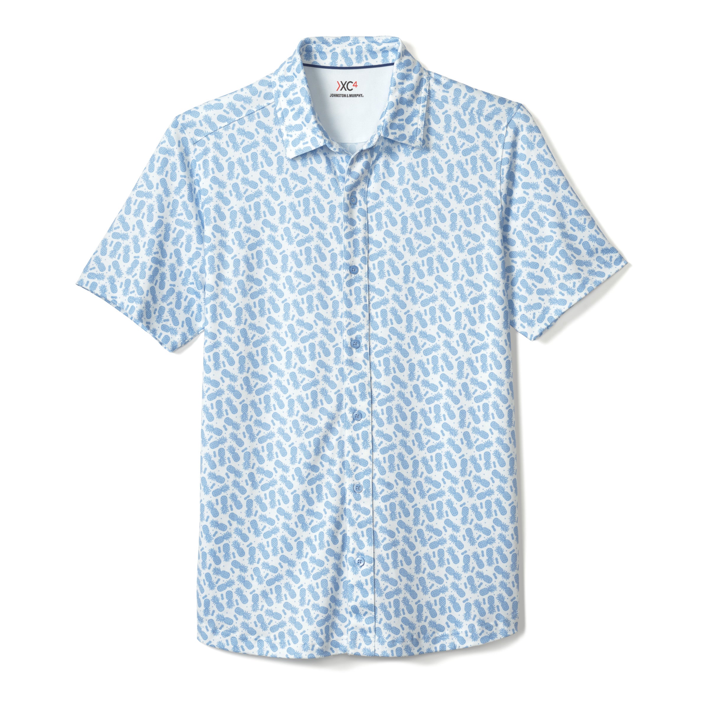 Wholesale,Johnston & Murphy, Johnston & Murphy White & Light Blue Pineapple Print XC4 Short Sleeve Button Up Shirt, Blue, Medium-43-TagM
