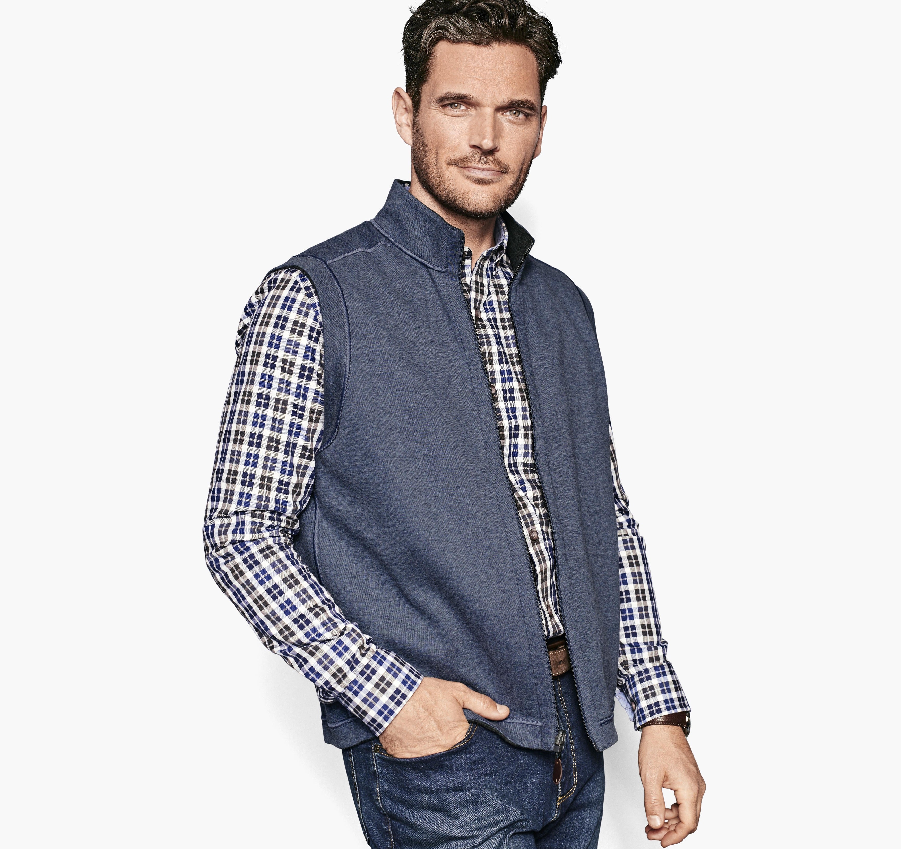 Wholesale,Johnston & Murphy, Johnston & Murphy Heatherd Brown/Navy Reversible Zipper Vest, Blue, Medium-42-TagM