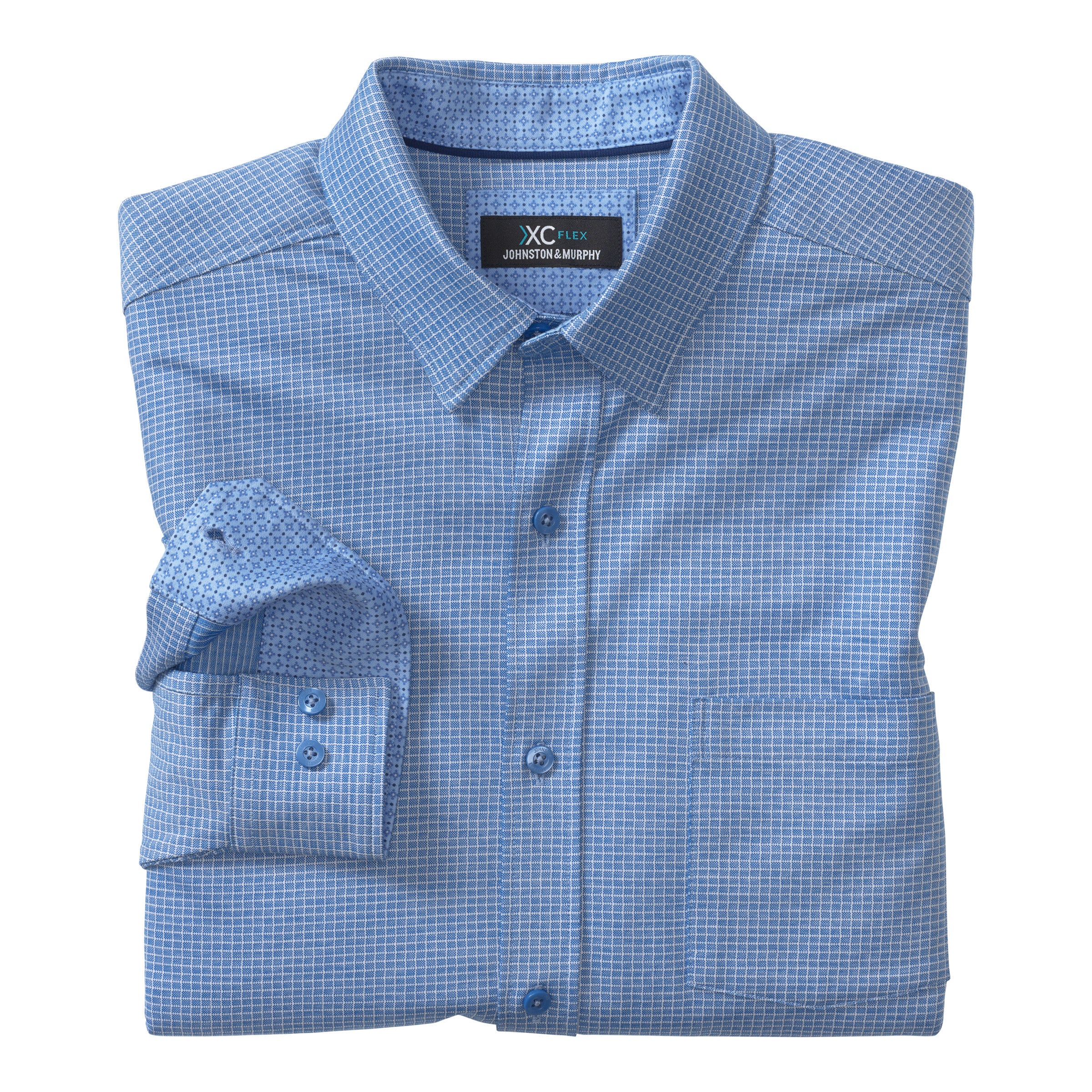 Wholesale,Johnston & Murphy, Johnston & Murphy Blue Micro Grid Print XC Flex Stretch Long Sleeve Button Up Shirt, Blue, Extra Extra Large-53-TagXXL
