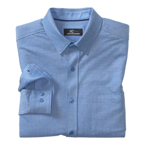 Johnston & Murphy Blue Micro Grid Print XC Flex Stretch Long Sleeve Button Up Shirt